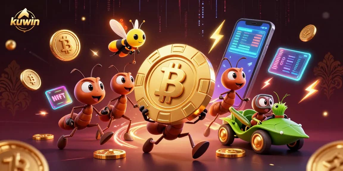 Kuwin showcases a vibrant 3D scene where cartoon ants carry a giant golden poker chip amid crypto coins, capturing the thrill of online gambling.
