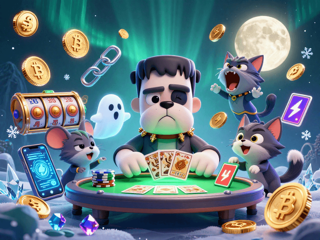 Place bets and play to win at S8, where a cartoon bulldog dealer serves up excitement with casino chips and spooky vibes.