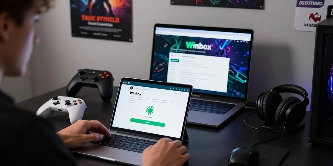 Winbox download latest version displayed on Android device in modern tech workspace.