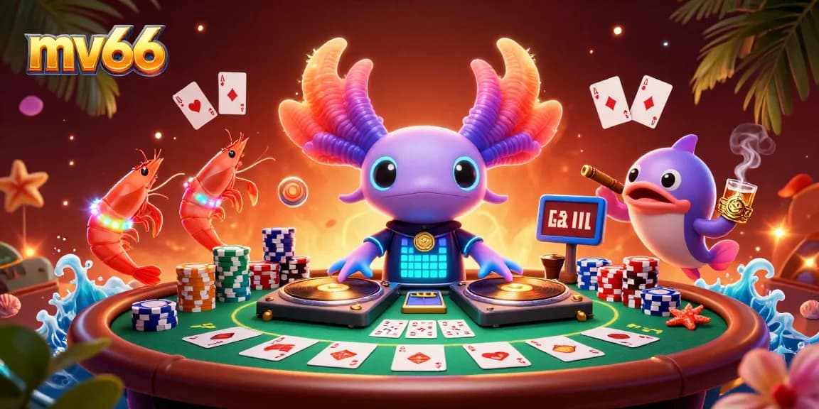 Spin to win at mv66 with a vibrant 3D casino scene featuring a DJ axolotl and poker game elements.