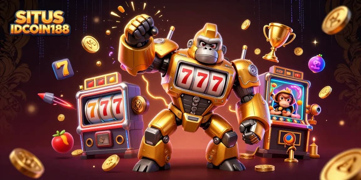 SITUS IDCOIN188 showcases excitement through a golden gorilla mech with slot machines, surrounded by vibrant casino elements.