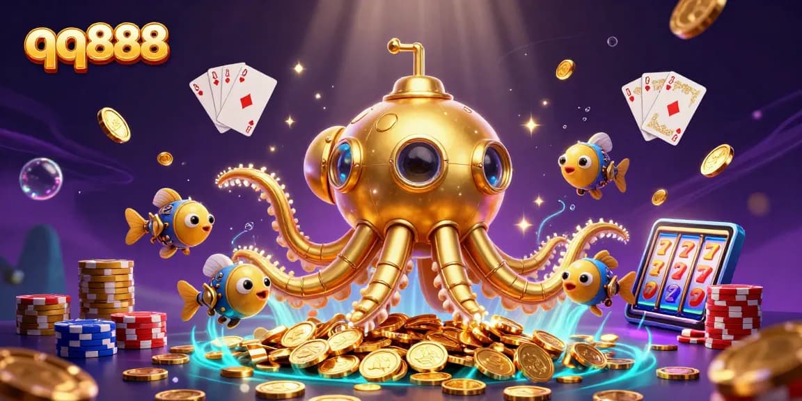 Engage with qq888’s vibrant gaming world featuring a golden kraken submarine and treasure elements.