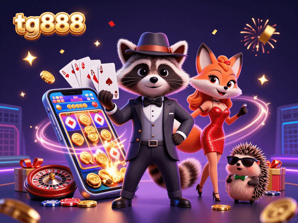 Experience thrilling games at tg888 with a lively raccoon and fox in a vibrant casino setting.