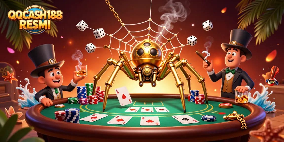 Spin to win with QQCASH188 RESMI as golden spider weaves a dynamic casino scene.