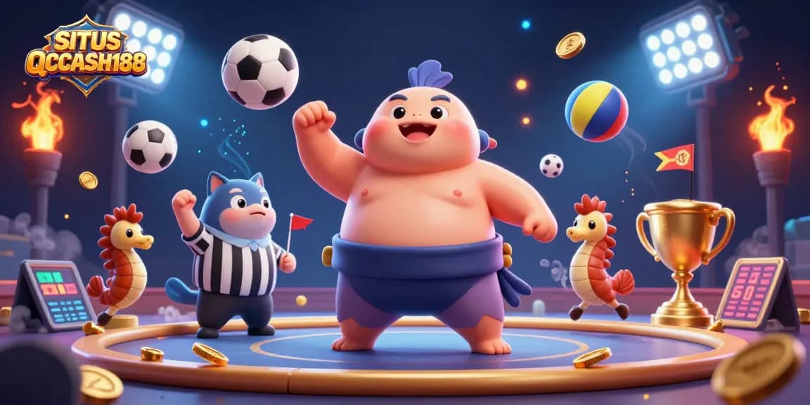 SITUS QQCASH188 features a cartoon fugu in a sumo match, dynamic sports balls flying, and colorful elements.