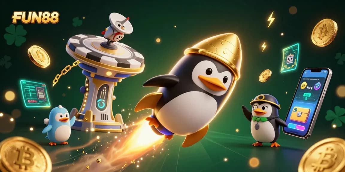 Catch the FUN88 rocket-powered penguin soaring to a vibrant casino in space.