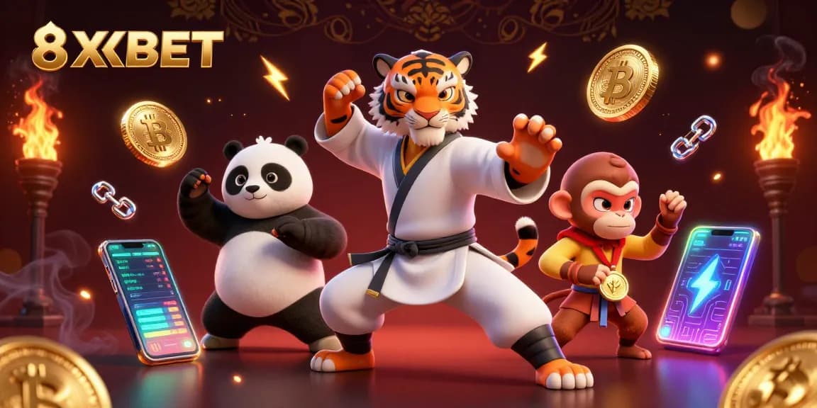 Engage in thrilling action at 8XBET with vibrant 3D characters surrounded by cryptocurrencies.