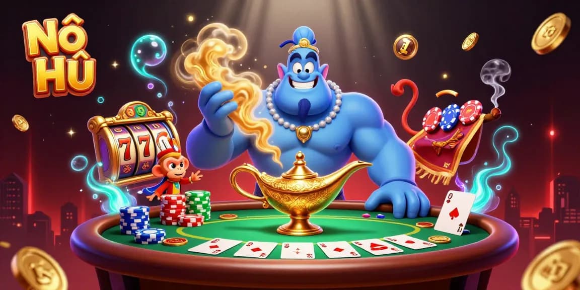 Nổ Hũ showcases an exciting casino scene with a vibrant genie, poker chips, and a magical monkey.