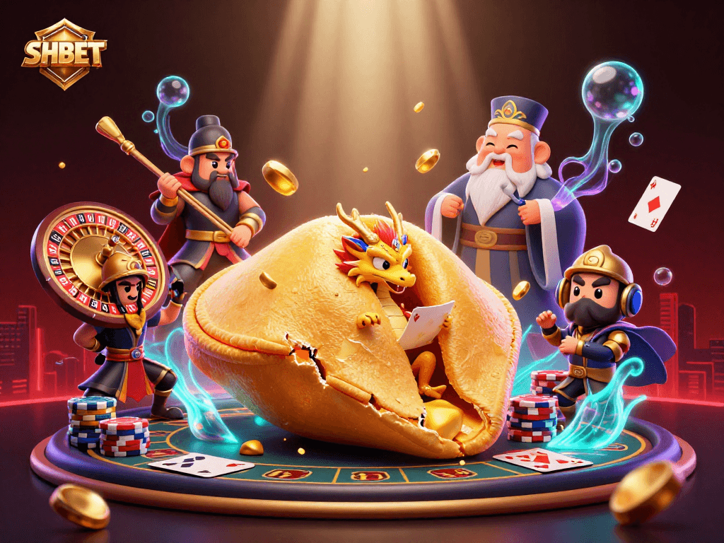 Engage with SHBET's vibrant live casino scene, showcasing a wise dragon and golden fortune cookie elements.