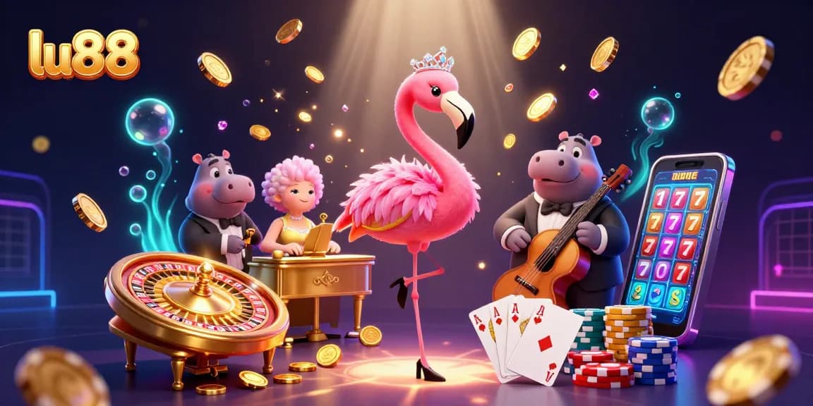 lu88 showcases vibrant casino scene with flamingo singer and hippo bassist, celebrating gaming.