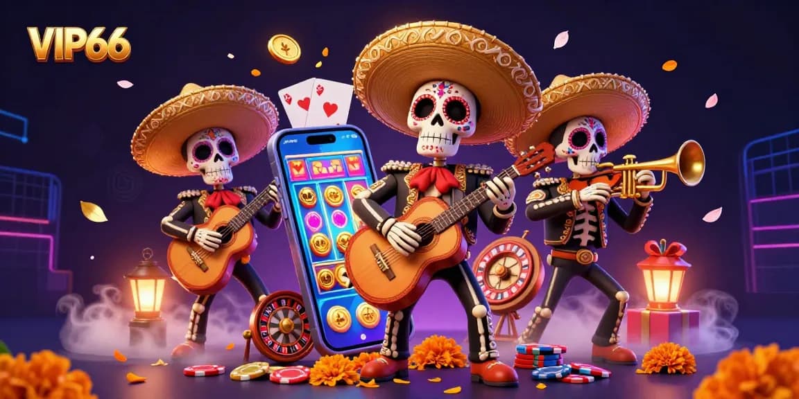 Experience VIP66’s vibrant casino atmosphere with a colorful Dia de los Muertos mariachi band amid dynamic slot elements.