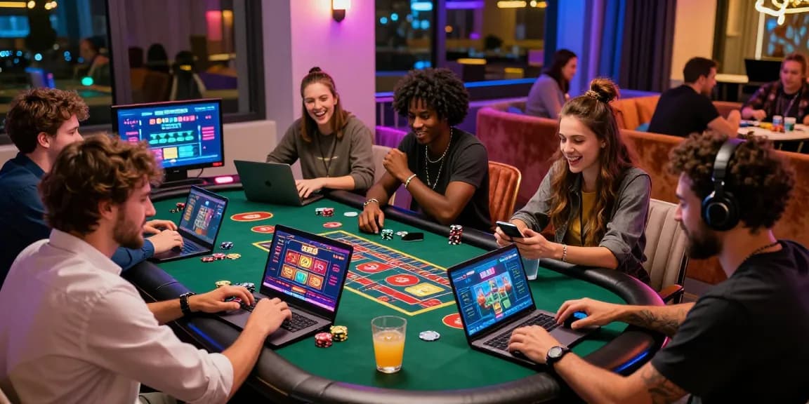 Friends enjoying E28 online casino games in vibrant gaming atmosphere.