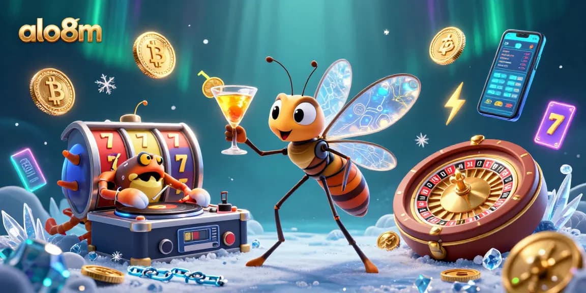 Engage with the vibrant scene of alo8m, featuring a unique frozen mosquito mascot in a casino-themed illustration.