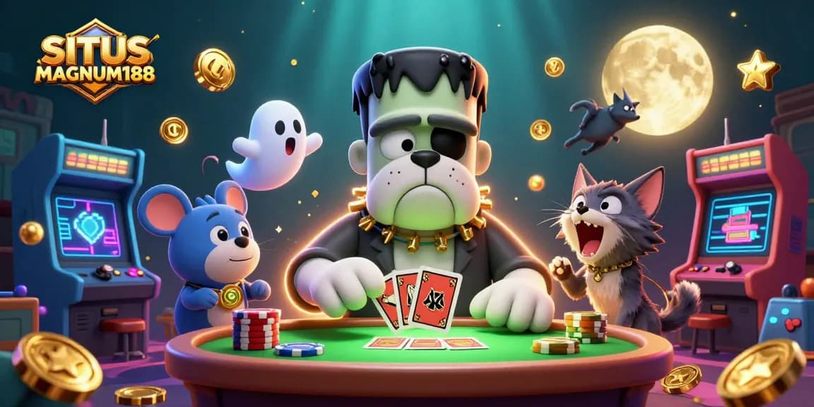 Engaged players enjoying gaming at SITUS MAGNUM188 with a vibrant casino atmosphere featuring characters and fun elements.