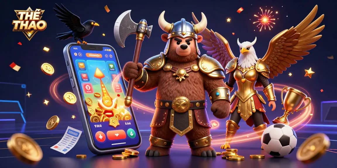 THỂ THAO illustrated sports betting action with dynamic odds, trophies, and Vikings.
