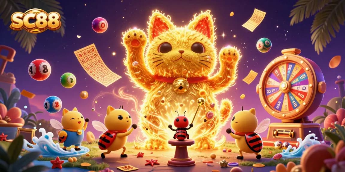 Engage with thrilling SC88 gaming experiences featuring a vibrant lucky cat design and dynamic elements.