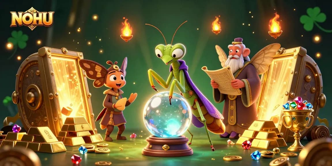 Join the mystical world of NOHU with a vibrant 3D scene featuring a fortune teller, wise moth, and treasure.