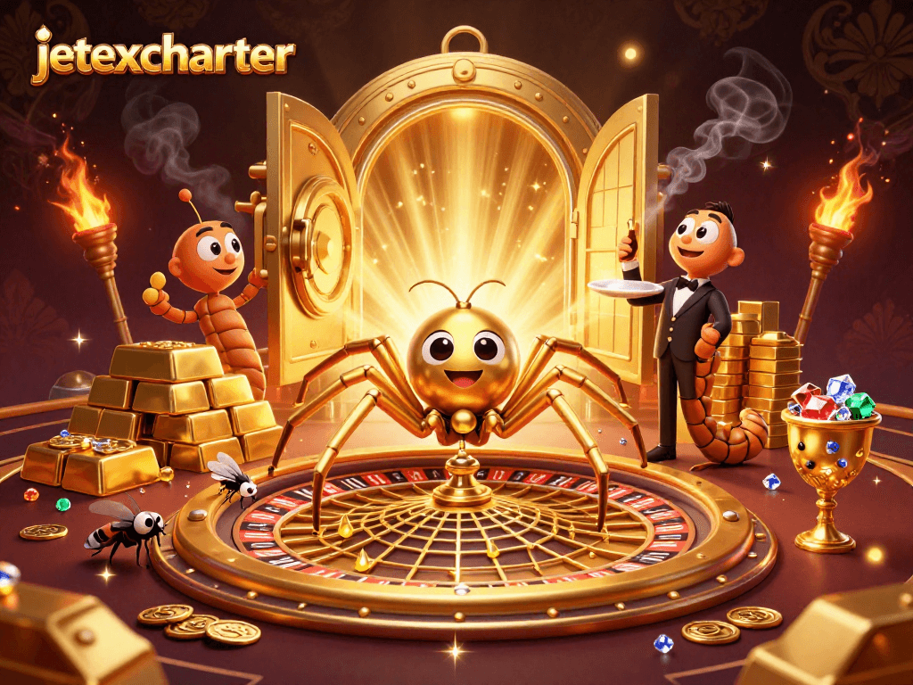 Experience immersive gambling action with jetexcharter's vibrant casino scene featuring a spider and croupier.