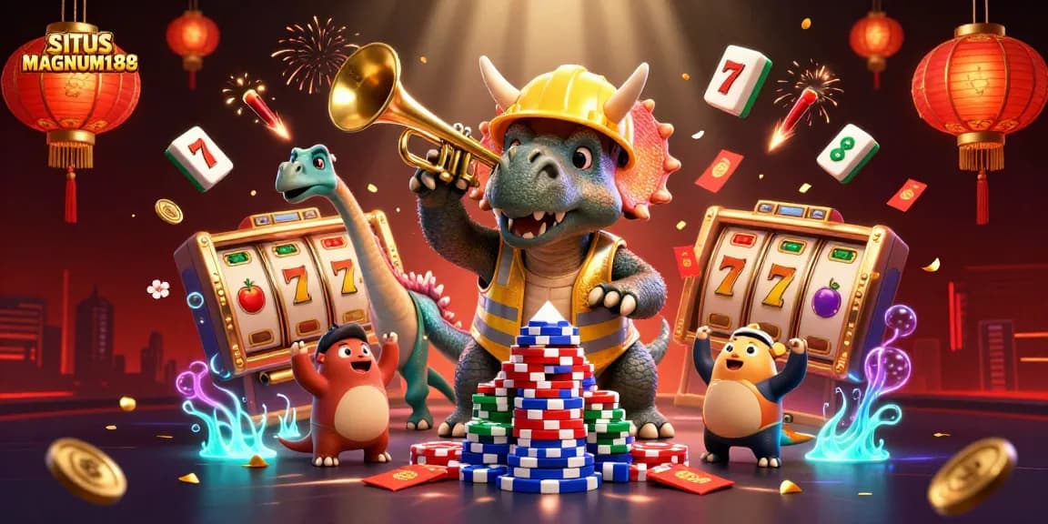 SITUS MAGNUM188 celebrates wins with a lively scene featuring lucky slot reels, festive colors, and cheerful characters.