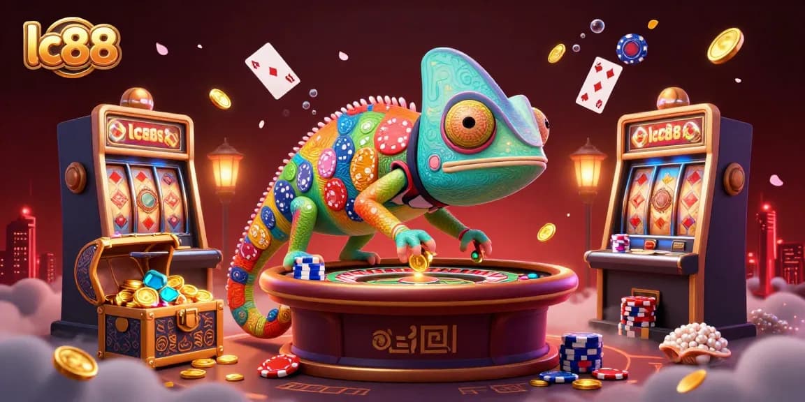 Capture lc88's excitement with a vibrant chameleon casino scene full of dynamic games and colorful elements.