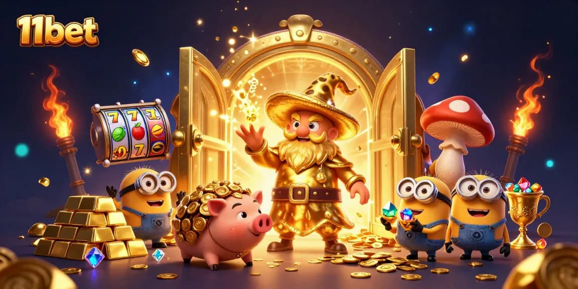 Experience the magic of 11bet with a golden mushroom wizard and treasure-filled scene.