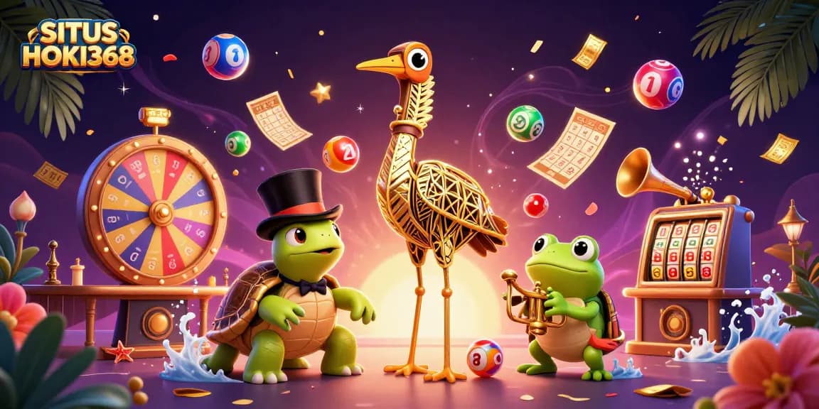 SITUS HOKI368 showcases a lively casino scene with cartoon characters and dynamic game elements, promoting excitement.
