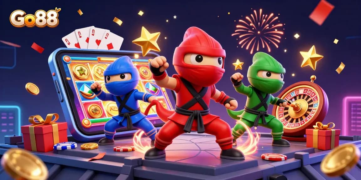 Experience exhilarating gaming action at Go88 with 3D ninja chameleons amidst vibrant casino elements!