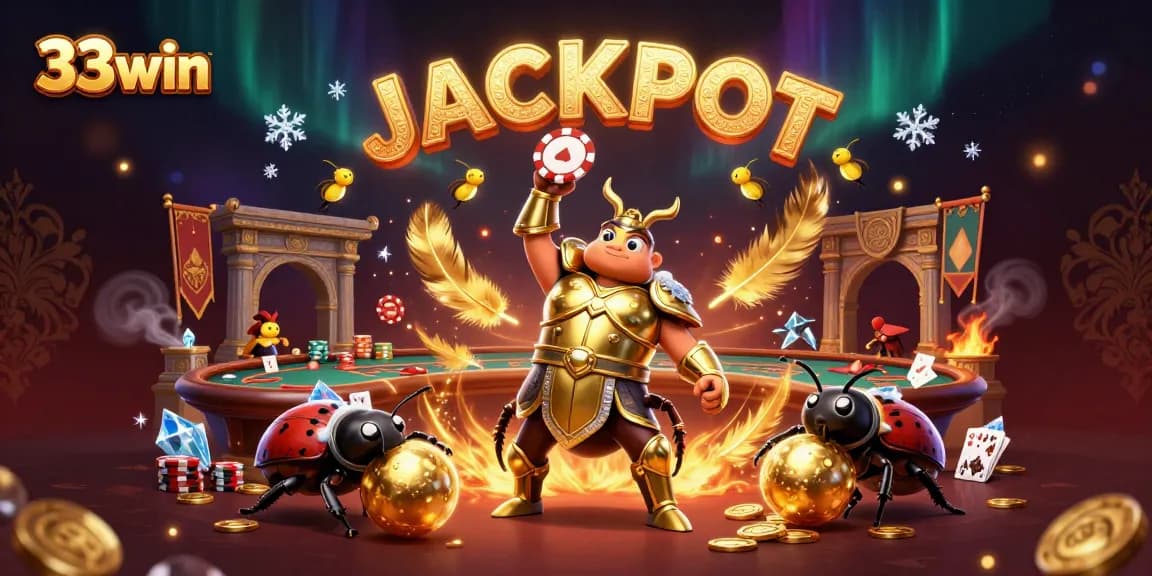 33win logo shines in an exciting poker scene with a victorious beetle and golden chips.