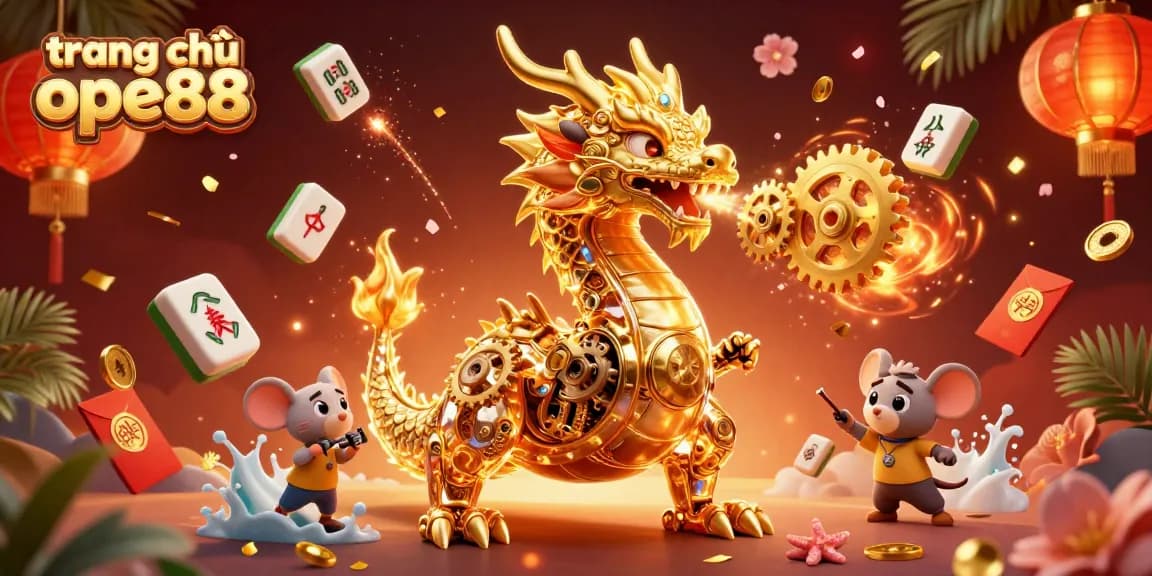 Experience the thrill at trang chủ ope88 with an ultra-detailed casino scene featuring a golden dragon and vibrant game elements.