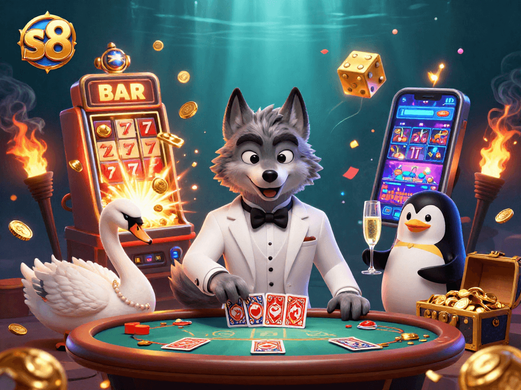 Experience vibrant action at S8's lively gaming scene with a debonair wolf, elegant swan, and sophisticated penguin.