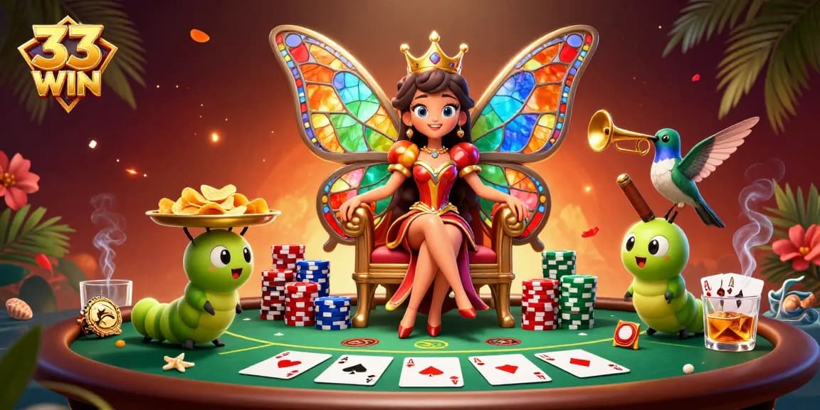 Experience the magic of 33WIN casino with vibrant characters and a dynamic poker scene.