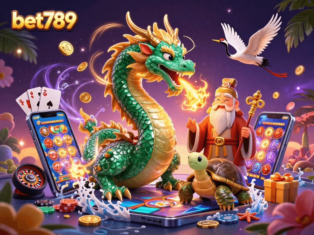 Experience the thrilling world of bet789 with an epic scene featuring a jade dragon and a turtle sage amidst vibrant casino elements.