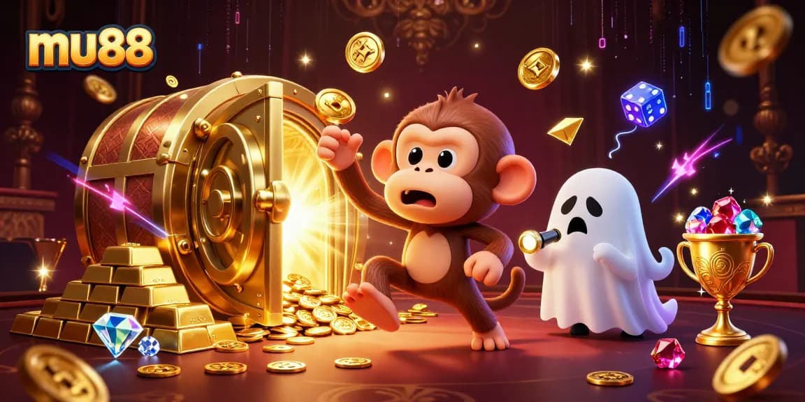 mu88 showcases a playful poltergeist monkey juggling golden treasures in a haunted casino.