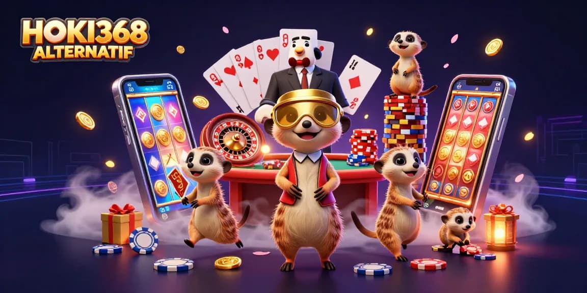 HOKI368 ALTERNATIF shows meerkats operating a vibrant casino setup with slot games and lively elements.