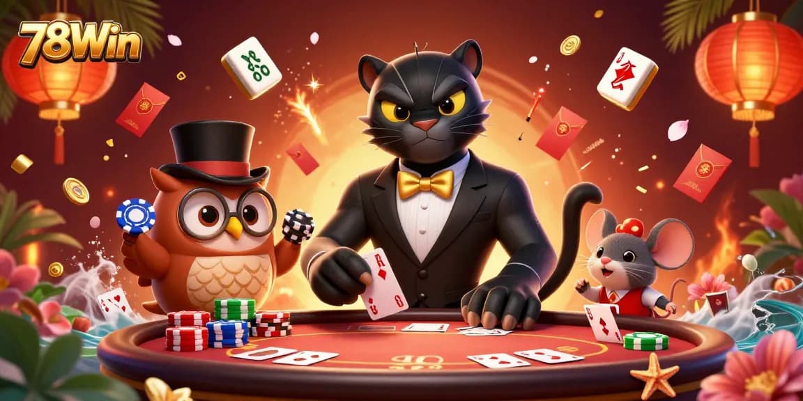 Engage in thrilling poker at 78Win with stylish characters and vibrant gaming elements.