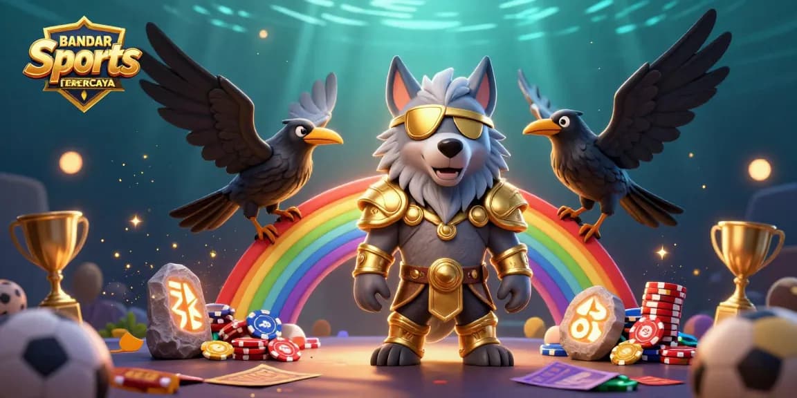 BANDAR Sports TERPERCAYA showcasing a dynamic sports betting illustration featuring Odin, two ravens, and vibrant casino elements.