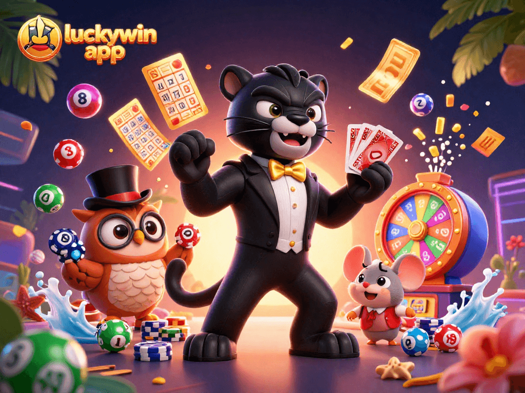 Feel the thrill of the luckywin app with a vibrant casino scene featuring a tuxedo panther and poker accessories.