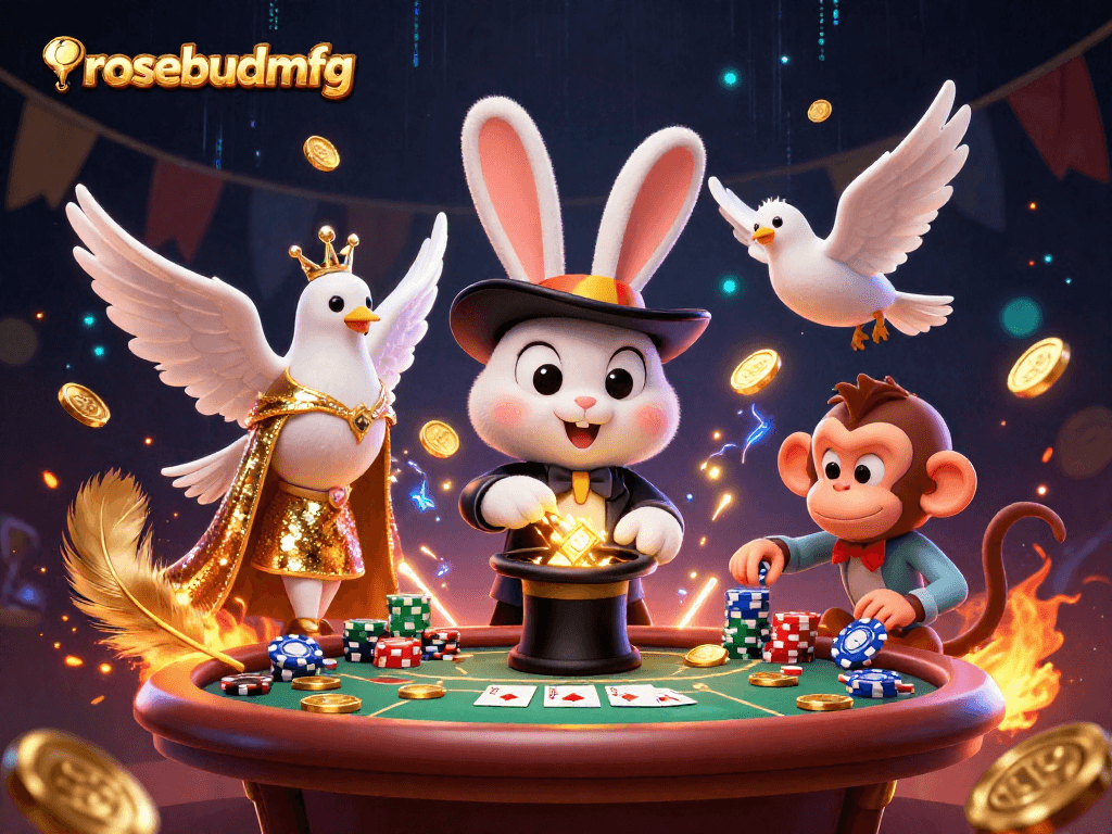 Experience the magic of rosebudmfg with thrilling poker action in a whimsical casino scene.
