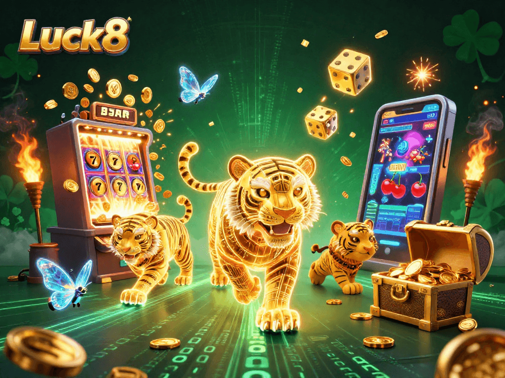 Luck8 casino features a majestic neon-wireframe tiger and immersive slot machine action.