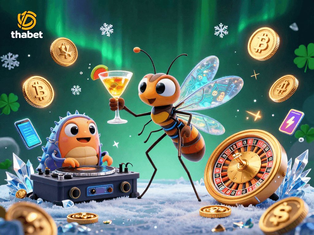 Engage with thabet's vibrant casino universe featuring a lively frozen mosquito mascot, trilobite DJ, and golden roulette wheel.