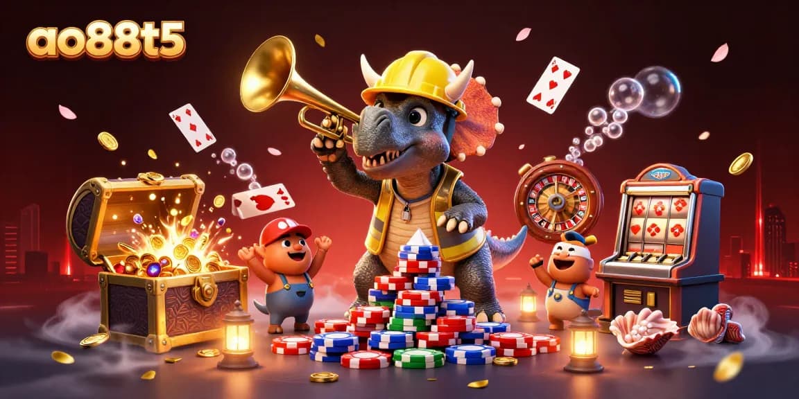 Engaging illustration of ao88t5 showcasing a triceratops building poker chips with casino elements.