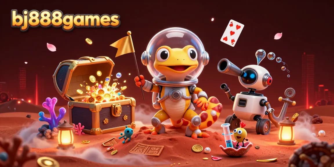 Experience winning games with bj888games amid treasure chests and dynamic casino elements.