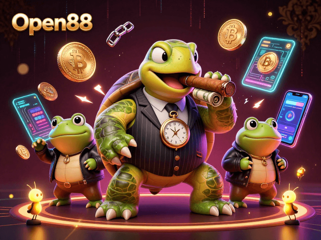 Engage with Open88's thrilling casino experience featuring a wealth of crypto elements and vibrant characters.