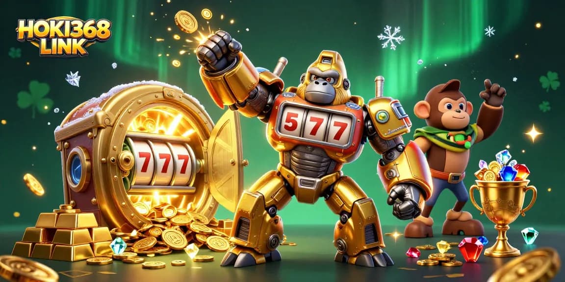 Engage in thrilling gaming with HOKI368 LINK as the golden gorilla mech bursts coins in action.