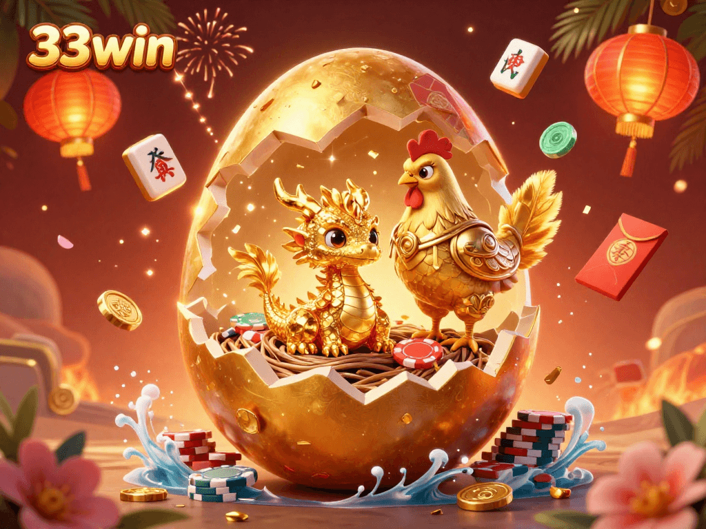 Experience the thrill of 33win with a vibrant casino scene featuring gold dragon and poker chips.