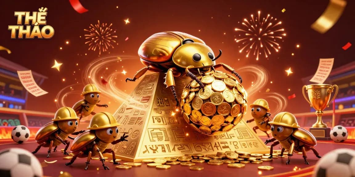 Experience THỂ THAO excitement with a colorful 3D sports betting scene featuring cartoon beetles and a trophy.
