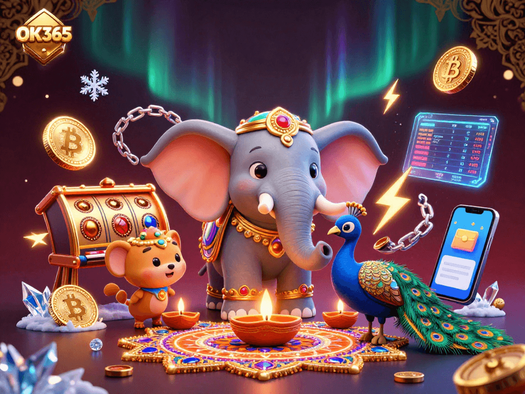 Experience the thrill of OK365 with vibrant 3D casino elements and colorful characters in this illustration.