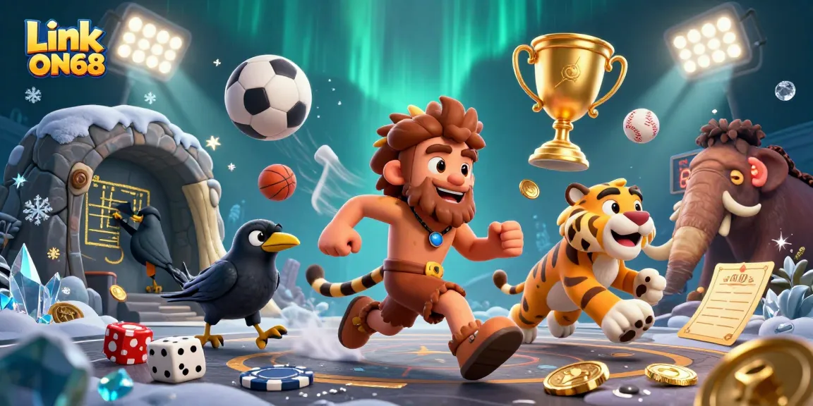 Experience thrilling action at Link ON68 with a prehistoric casino featuring a caveman, sabertooth tiger, and sports elements.