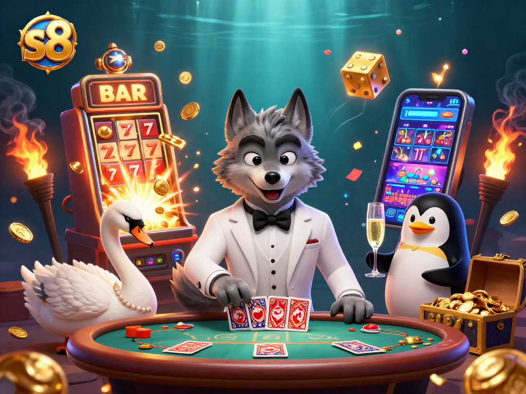 Experience vibrant action at S8's lively gaming scene with a debonair wolf, elegant swan, and sophisticated penguin.