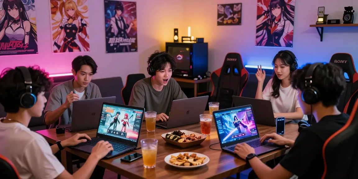 Group of gamers enjoying free hentai games in a vibrant lounge with diverse devices and colorful decor.